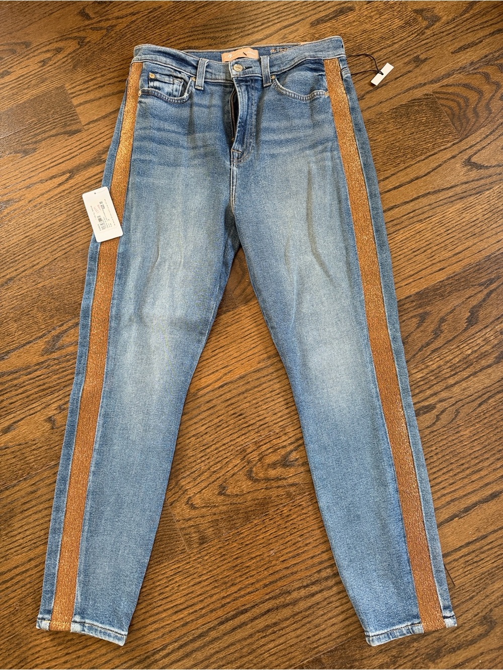 7 For All Mankind Light Blue Skinny Jeans with Brown Side Stripe Sz 29 NEW